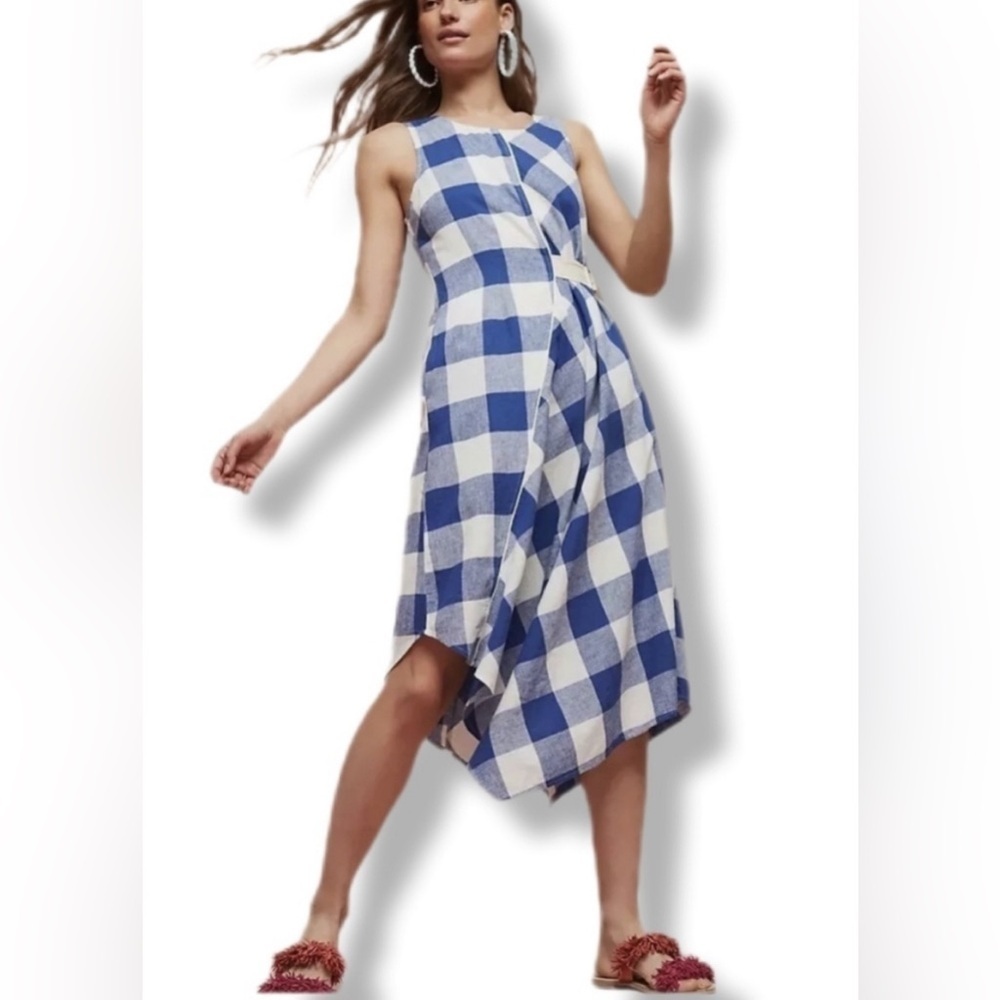 Anthropologie Maeve Gingham Blue & White Midi Belted Wrap Dress - Size XL